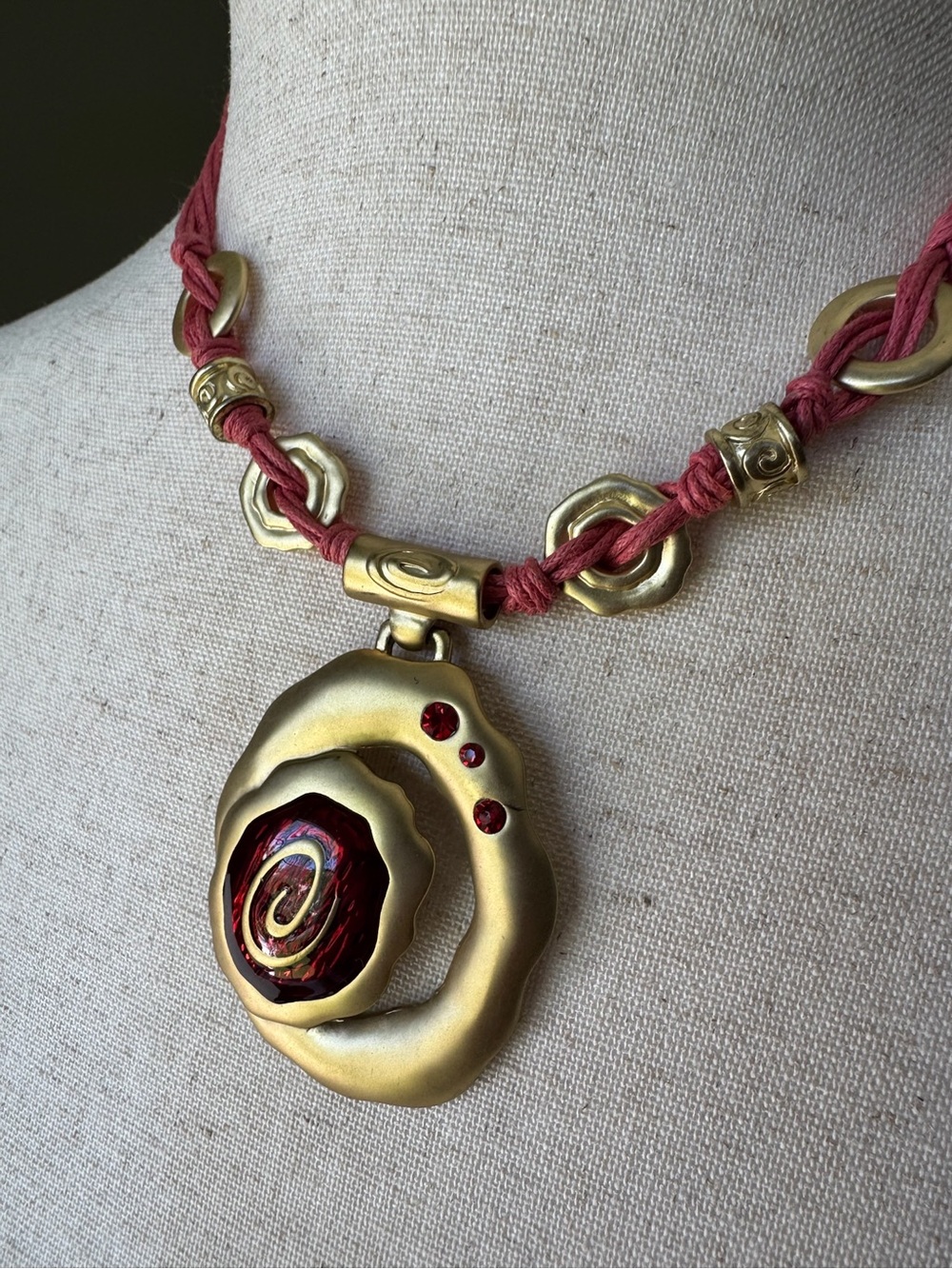 Custom-made Vintage Gold-Tone Swirl Necklace and Earrings set with Red Accents